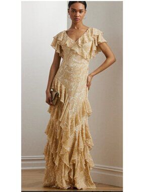 Lauren Ralph Lauren Women's Size 8 Floral Ruffle Tiered Georgette Maxi Gown NEW